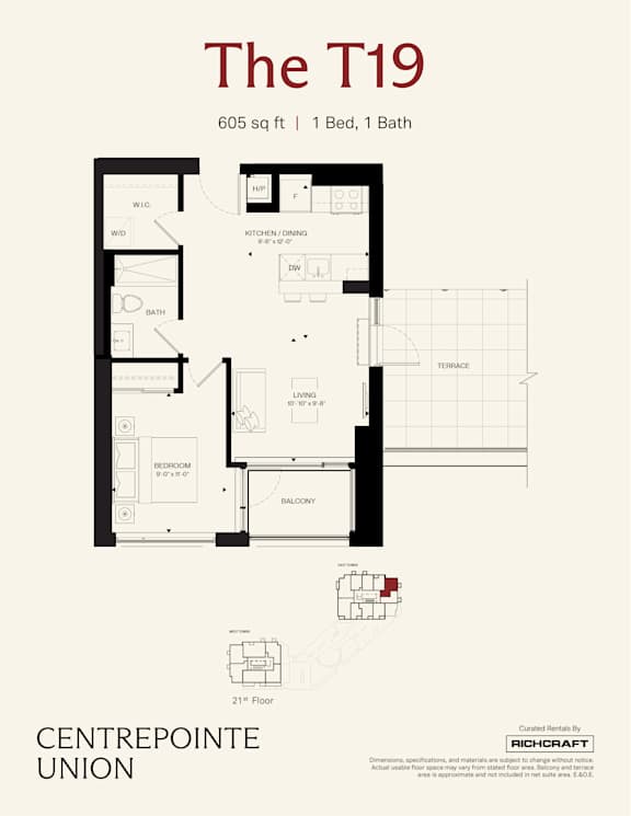 A floor plan for a 605 square foot apartment with one bed and one bath.