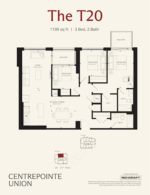 A floor plan for a 1199 sq ft apartment with 3 bedrooms and 2 bathrooms.