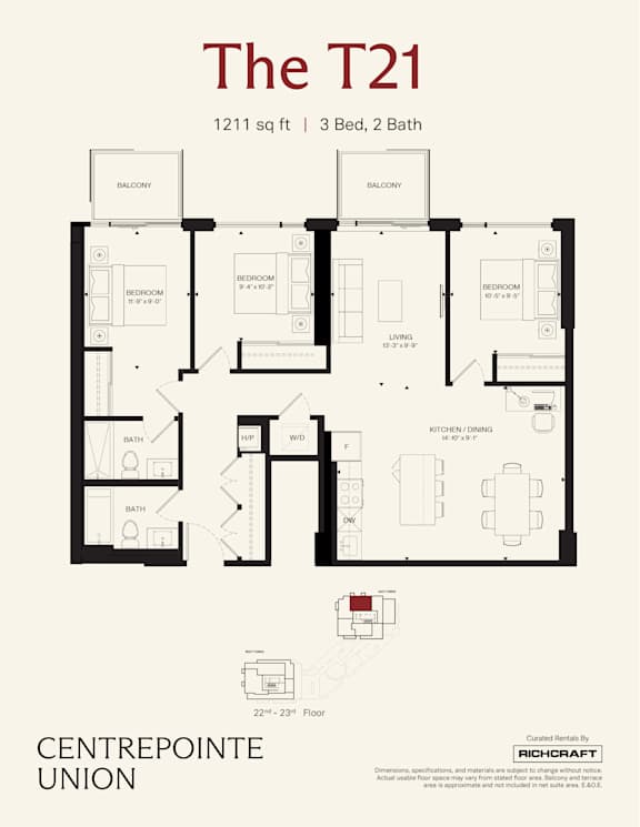 A floor plan for a 1211 sq ft apartment with 3 bedrooms and 2 bathrooms.