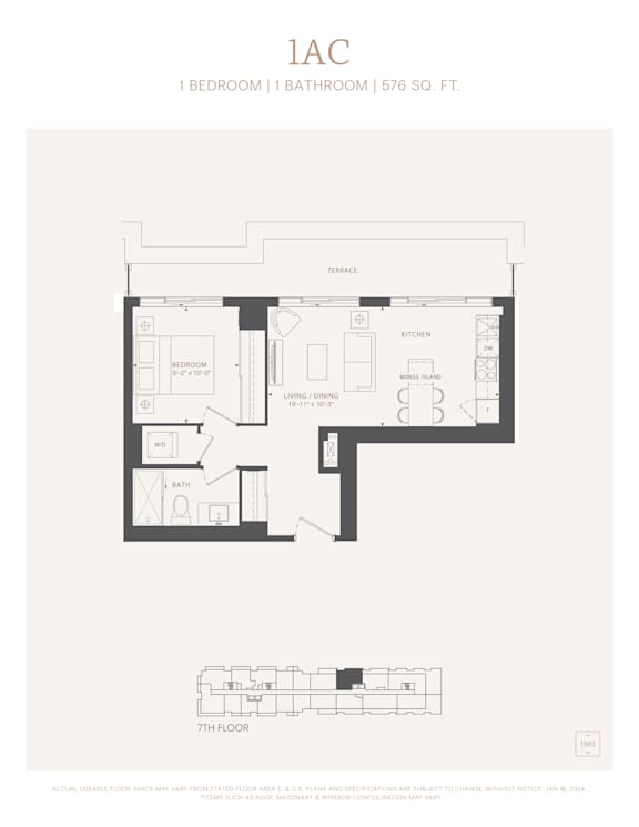 A floor plan for a 1 bedroom 1 bathroom apartment sized at 576 square feet.