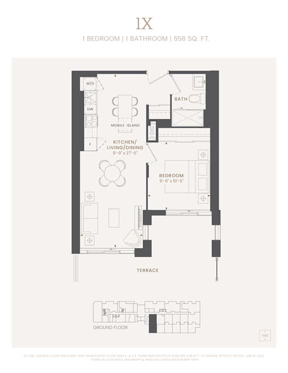 A floor plan for a 558 square foot home with one bedroom and one bathroom.