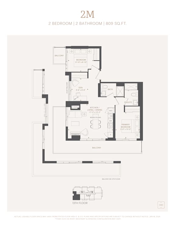 A floor plan for a 2 bedroom, 2 bathroom apartment sized at 809 square feet.
