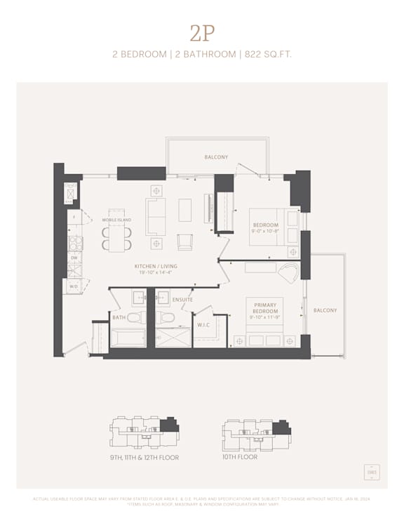 A black and white image of a floor plan for a 2 bedroom, 2 bathroom apartment.