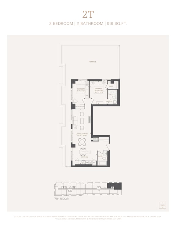 A floor plan for a 2 bedroom, 2 bathroom apartment sized at 916 square feet.
