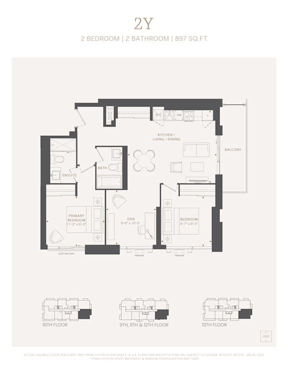 A floor plan of a 2 bedroom, 2 bathroom apartment is shown.