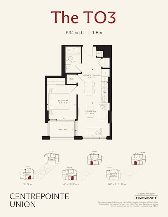 A floor plan for a 1 Bedroom apartment at Centrepointe Union.