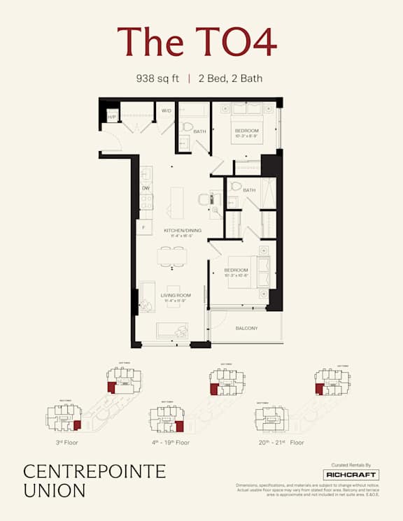 A floor plan for a 2 bedroom, 2 bath apartment sized at 938 square feet.