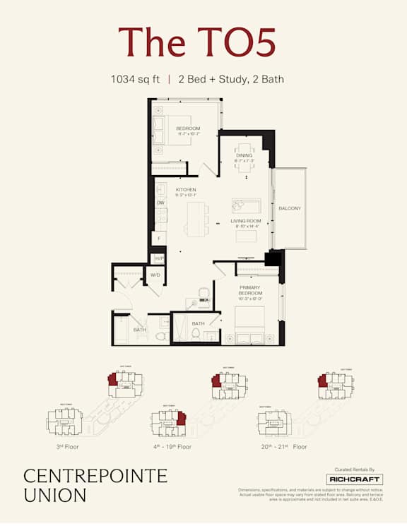 A floor plan for a 1034 sq ft home with 2 bedrooms and 2 bathrooms.