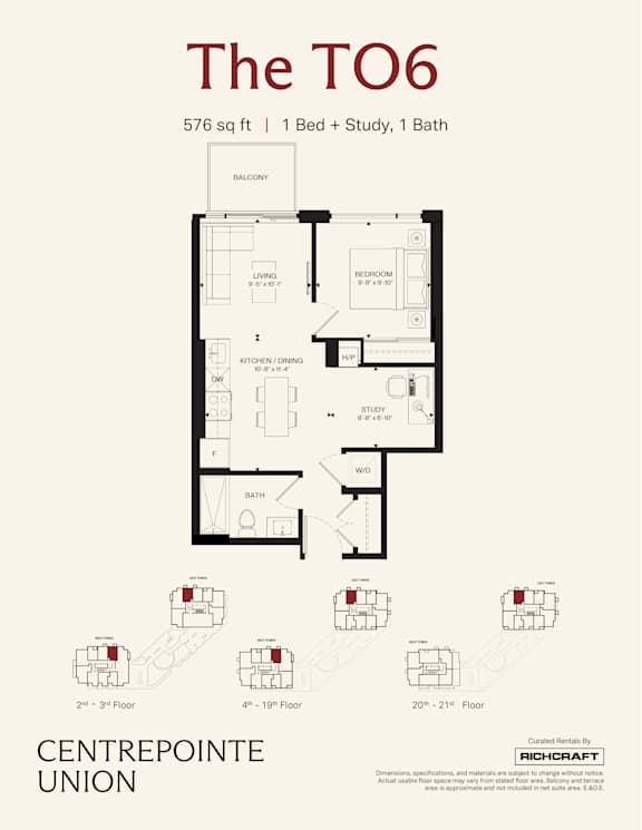 A floor plan for a 576 sq ft apartment with one bed and one bath.