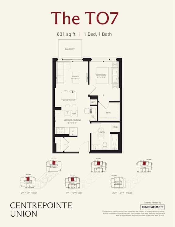 A floor plan for a 631 sq ft apartment with 1 bed and 1 bath.