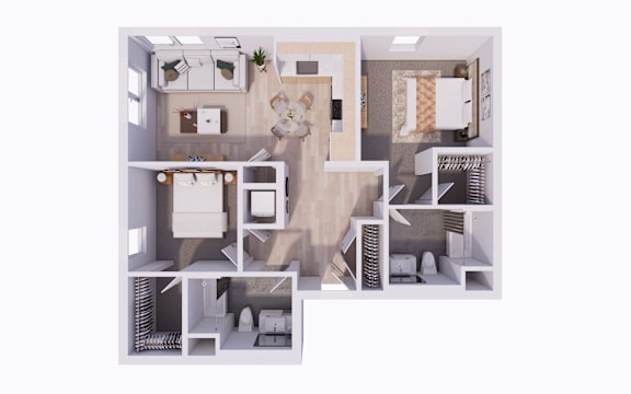 A top-down view of a house layout with a kitchen, living room, and bedrooms.