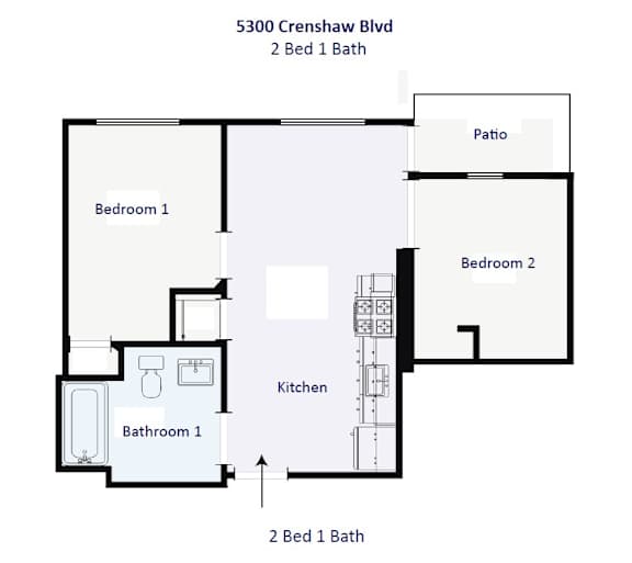 A floor plan of a 2 bedroom apartment with 1 bathroom.