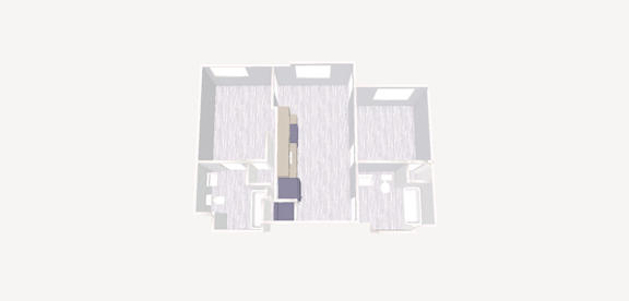 A 3D rendered image of a building with a central structure and two smaller structures on either side.