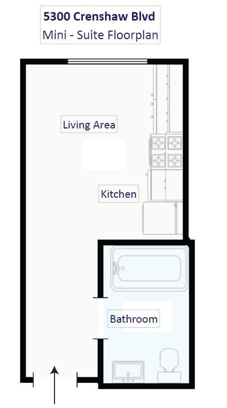 A floor plan of a mini suite at 5300 Crenshaw Blvd shows a living area, kitchen, and bathroom.