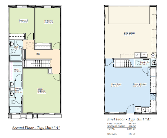 A floor plan of a two-story apartment with a total area of 1,271 square feet.