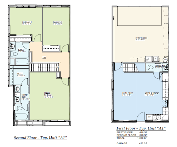 A floor plan of a two-story house with a total area of 1,338 square feet.