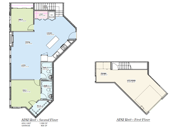 A floor plan of a two-story ADU with a first and second floor.