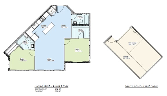 A floor plan of a Sierra unit, showing the layout of the first and third floors.