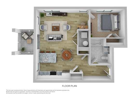 A floor plan of a house with a living room, kitchen, and two bedrooms.