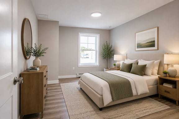 Bedroom with neutral bedding and upholstered bed frame at Windham Village Apartments, Maine, 04062