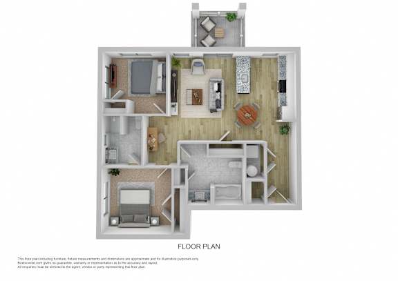 A floor plan of a house with a kitchen, living room, and two bedrooms.