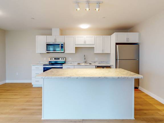 A kitchen with a marble countertop and stainless steel appliances.