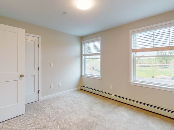 A room with a door, carpet, and two windows.