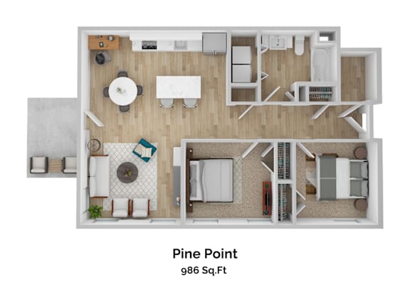 A floor plan of a 986 square foot Pine Point.