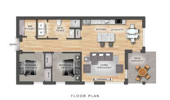 A floor plan of a house with two bedrooms, a living room, a kitchen, a dining room, a bathroom, and an entry.
