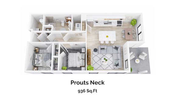 A floor plan of a 936 square foot Prouts Neck property.