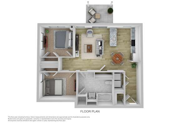 A floor plan of a house with a kitchen, living room, and two bedrooms.