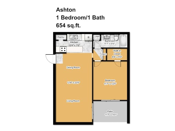 A diagram of a one bedroom/one bath apartment sized 654 square feet.