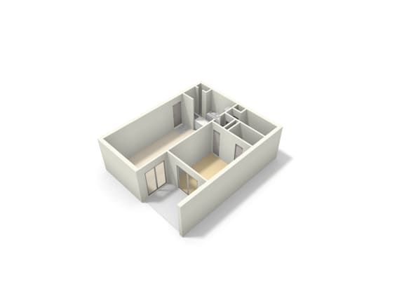 A white 3D model of a house with multiple rooms and windows.