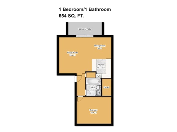 A floor plan of a 1 bedroom/1 bathroom apartment sized 654 square feet.