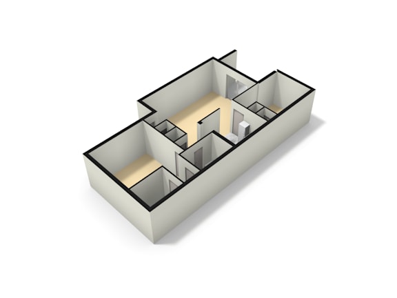 A 3D model of a complex building with multiple rooms and hallways.