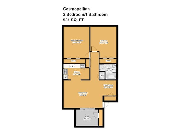 A floor plan of a Cosmopolitan apartment with 2 bedrooms and 1 bathroom.