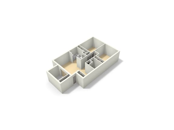 A white 3D model of a cube with several smaller cubes cut out of it.