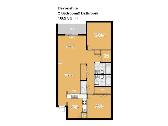 A Devonshire 2 Bedroom/2 Bathroom floor plan with a living room, dining room, kitchen, and two bathrooms.