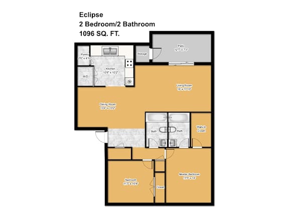 A floor plan of a two bedroom apartment with a bathroom.