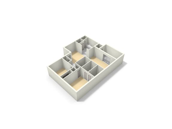 A white 3D model of a building with multiple rooms and hallways.
