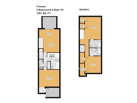 A floor plan of a finesse 2 bedroom/2.5 bath townhouse.
