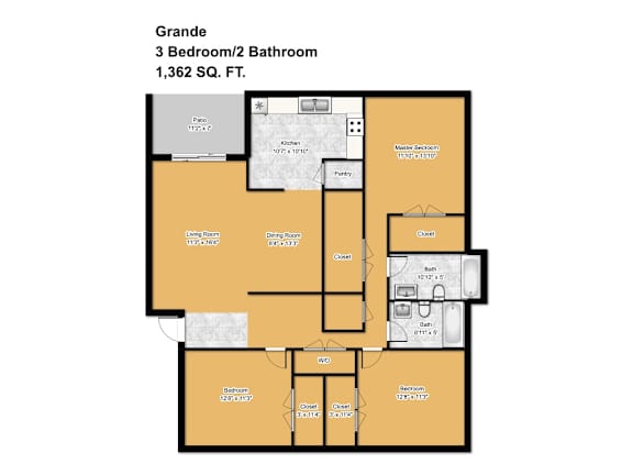 A floor plan of a Grande 3 Bedroom/2 Bathroom property.