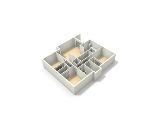 A white 3D model of a cube with several smaller cubes cut out.