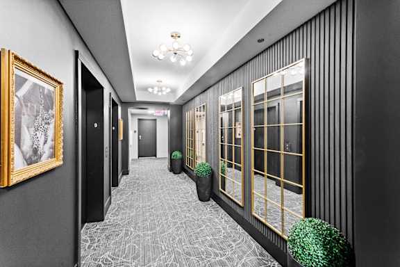 A long hallway with a black and white patterned carpet at Chateau on Wells, Chicago