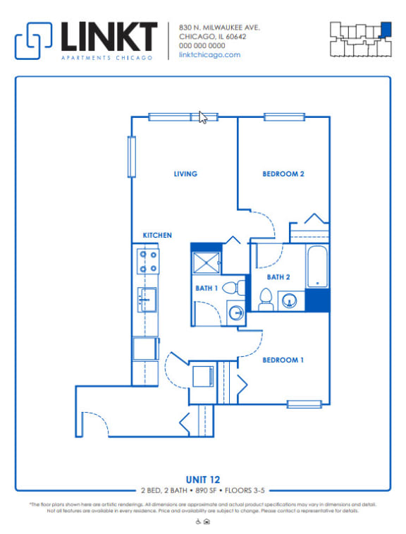 Floor Plan  2 Bedrooms and 2 Bathrooms Floor Plans A at Linkt Apartments, Chicago, 60642