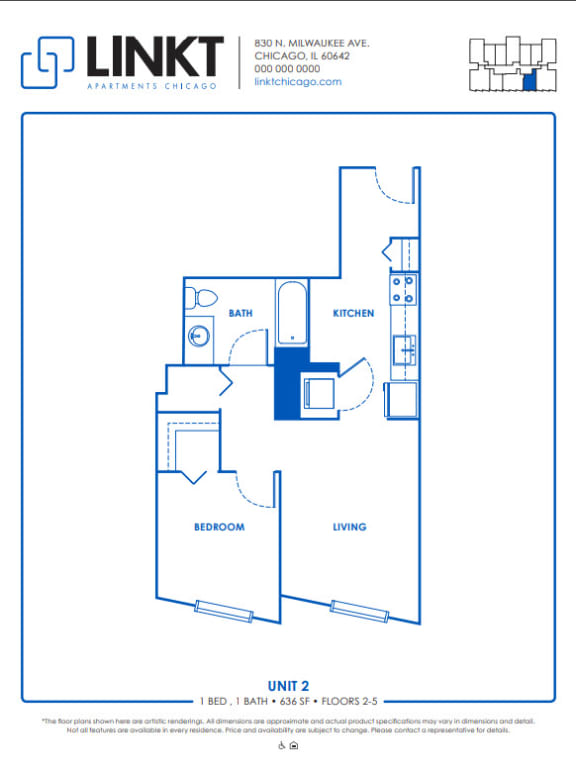 Floor Plan  1 Bedroom A 1 Bath Floor Plan at Linkt Apartments, Illinois, 60642