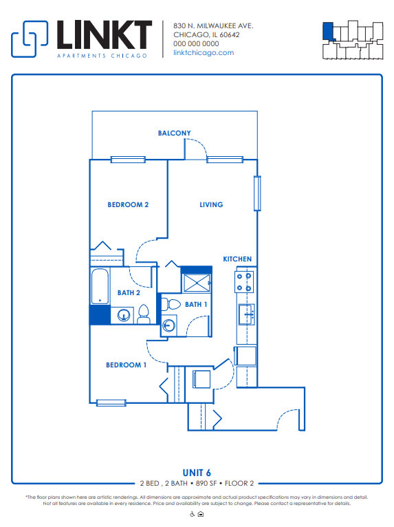 Floor Plan  2 Bedrooms and 2 Bathrooms Floor Plans B at Linkt Apartments, Chicago, Illinois