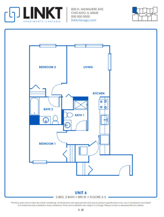 2 Bedrooms and 2 Bathrooms Floor Plans D at Linkt Apartments, Chicago, Illinois