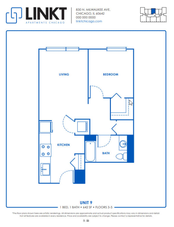 Floor Plan  1 Bedroom C 1 Bath Floor Planat Linkt Apartments, Illinois, 60642