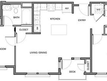 A floor plan of a house with a living room, dining room, kitchen, bathroom, and closet.